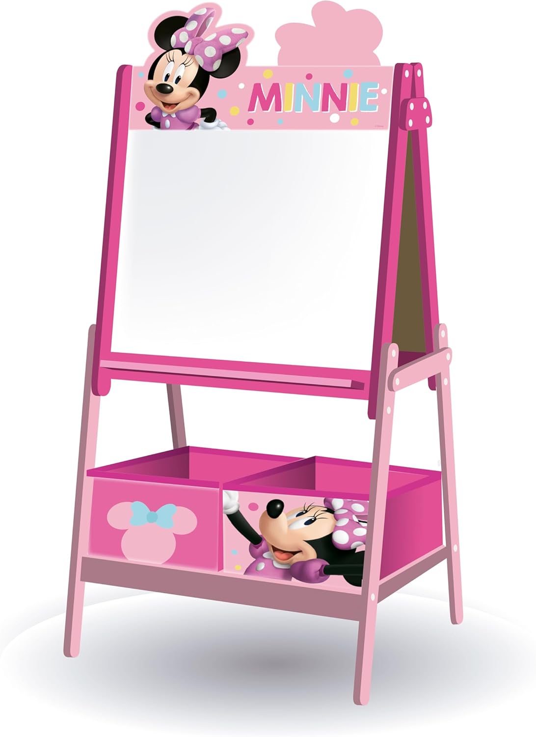 Lavagna per bambini di Disney Minnie Mouse con doppia superficie per gessetti e pennarelli e 2 contenitori in tessuto per riporre oggetti