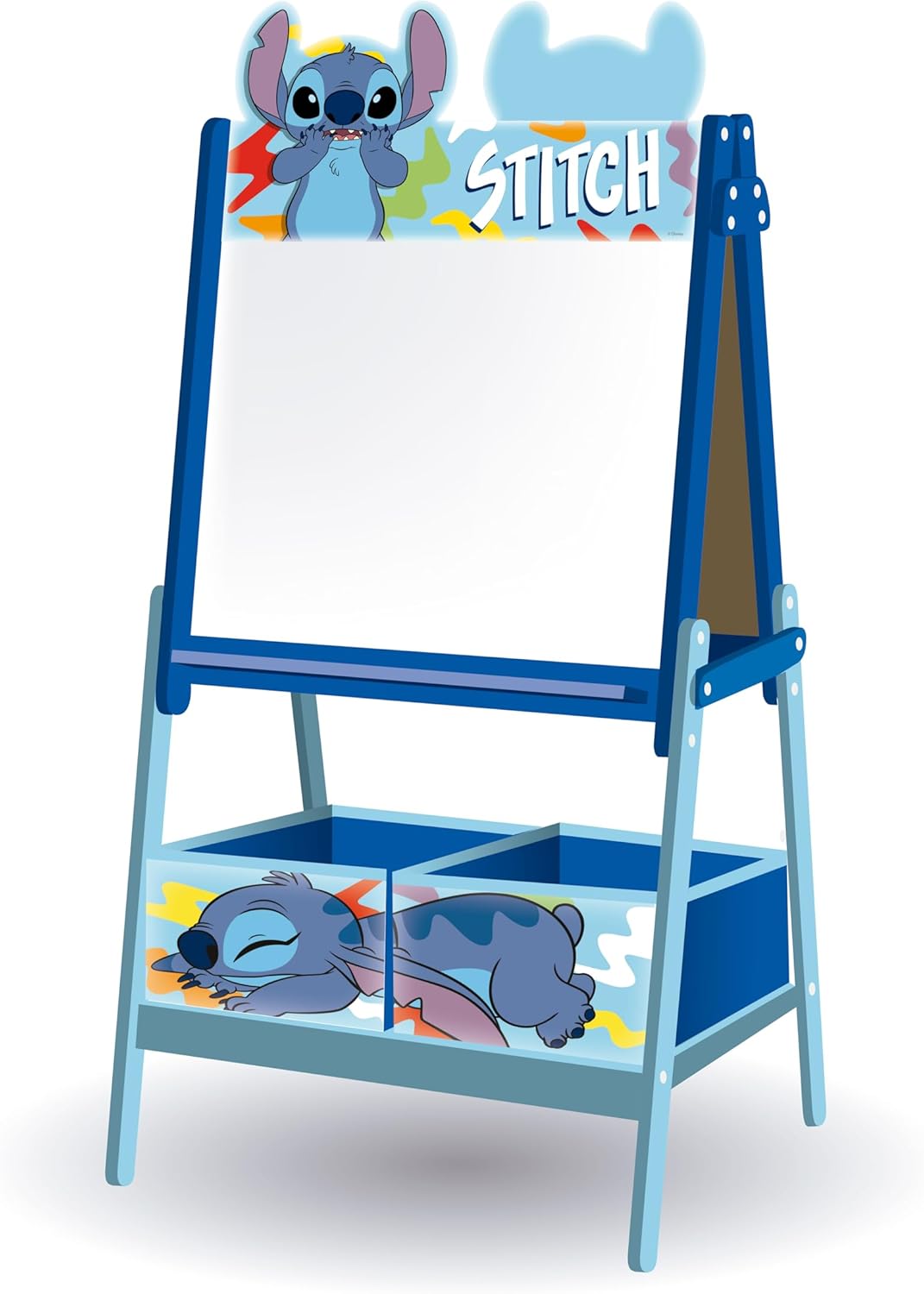 Lavagna per bambini di Disney Stitch con doppia superficie per gessetti e pennarelli e 2 contenitori in tessuto per riporre oggetti - 54x45x117cm
