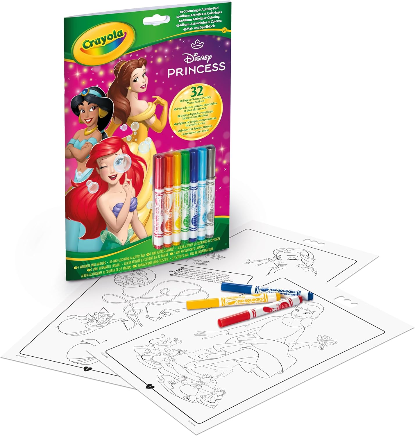 Album Attività & Coloring Disney Princess, 32 Pagine da Colorare e 7 Mini Pennarelli Lavabili