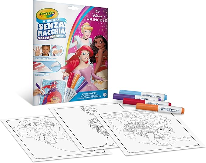 Color Wonder, Coloring Set con 18 Pagine da colorare e 4 Pennarelli Senza Macchia Disney PrincessE