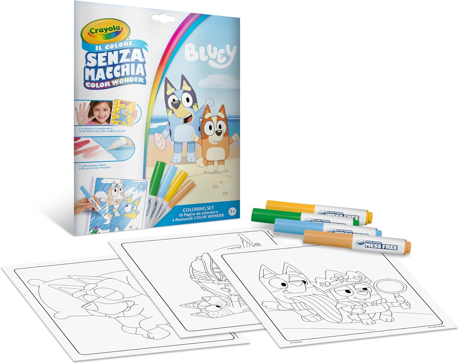 Color Wonder Set con 18 Pagine da colorare e 4 Pennarelli Senza Macchia Bluey