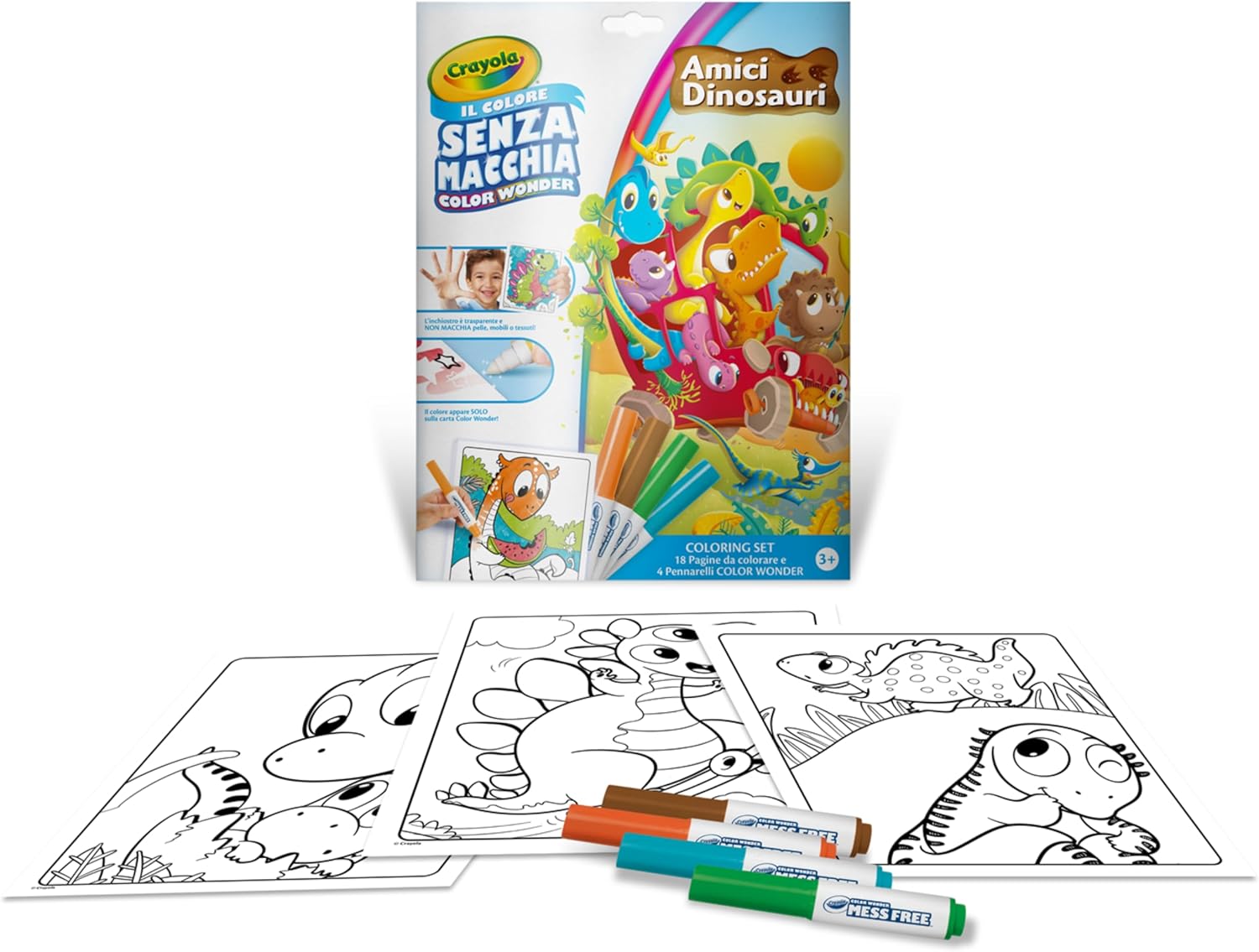 Color Wonder, Coloring Set con 18 Pagine da colorare e 4 Pennarelli Senza Macchia  Dinosauri,