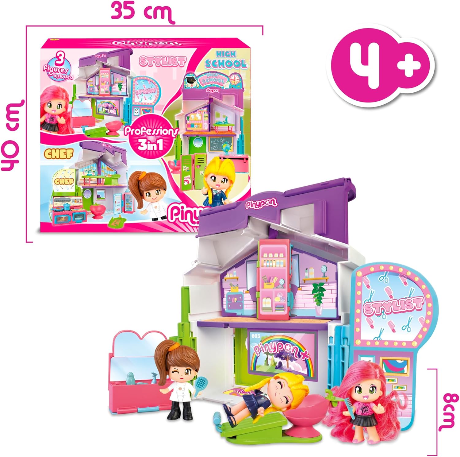 Pinypon - Professioni 3 in 1 , scuola, parrucchiere o cucina, include 3 personaggi, contiene accessori