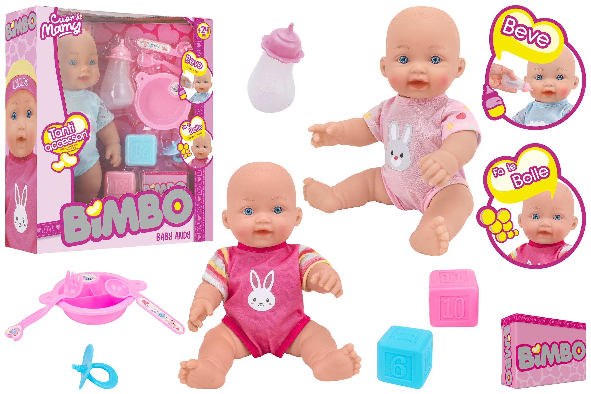 BAMBOLOTTO C/FUNZIONE BOLLE 30CM C/ACCES 3COL.