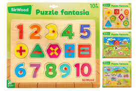 LEGNO-PUZZLE FANTASIA CON PIOLI SIRWOOD: NUMERI, FORME, VEICOLI, FATTORIA ASS