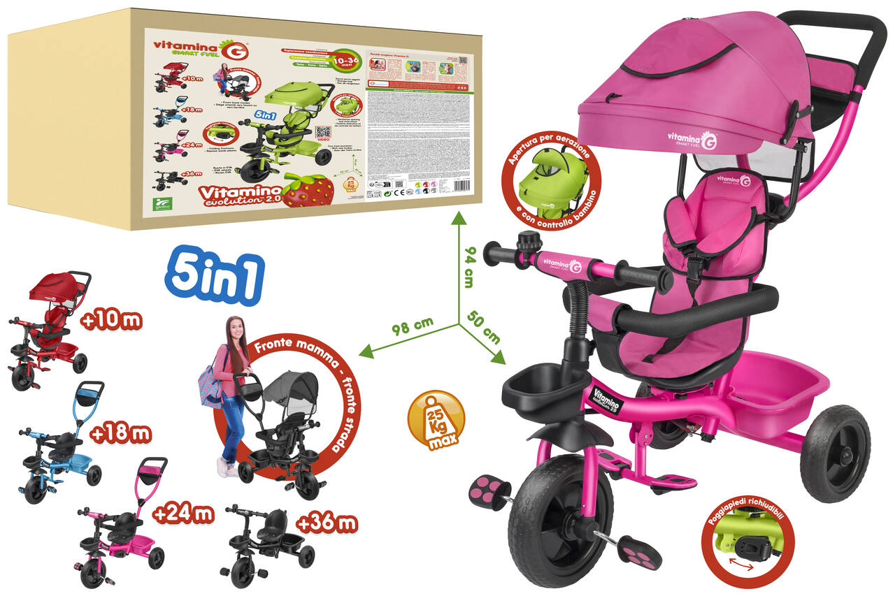 TRICICLO METALLO VITAMINO EVO2.0 C/PED/PARAS ROSA
