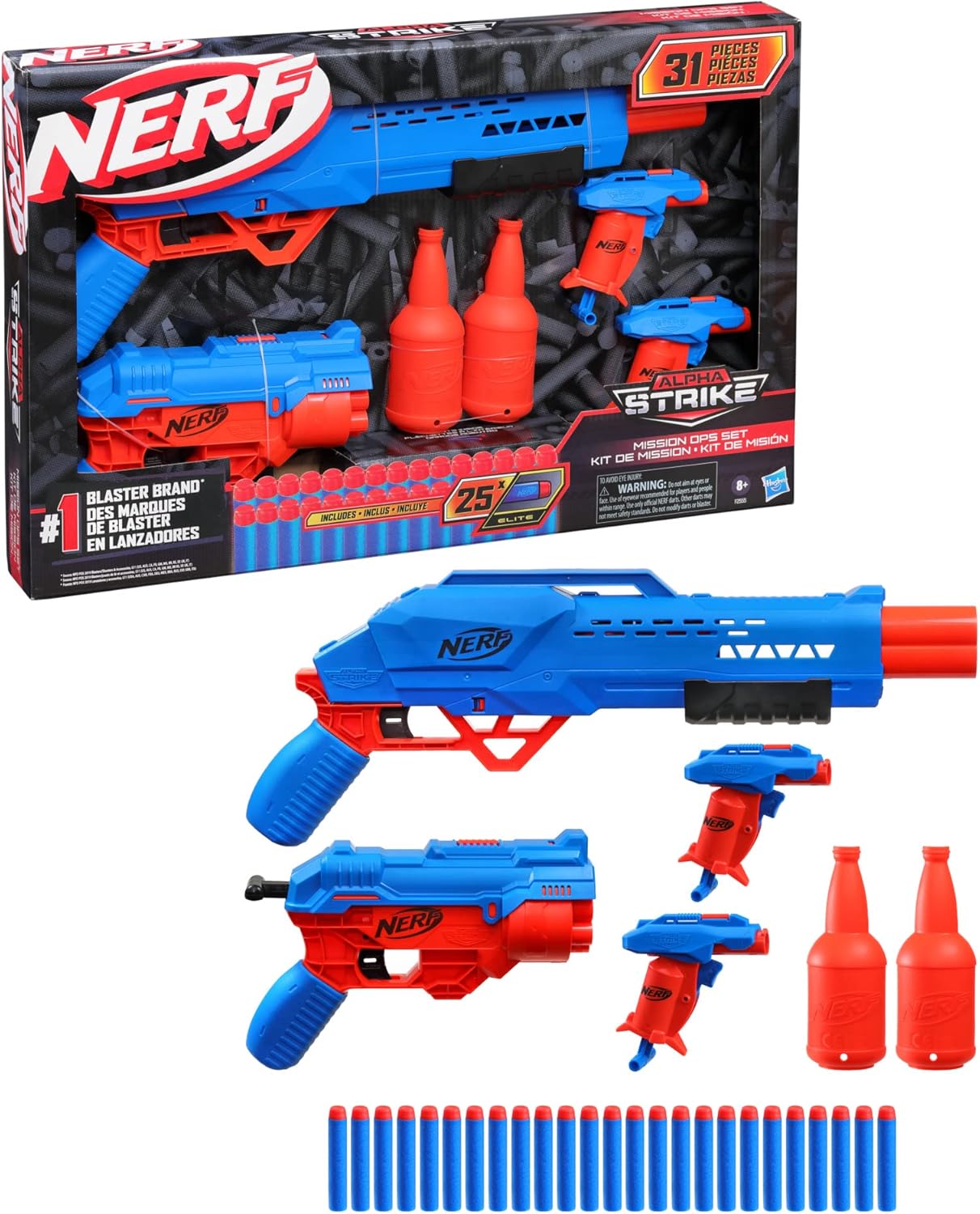 Nerf Alpha Strike Mission Ops Set include 4 Blaster, 2 Half-Target e 25 freccette ufficiali Nerf Elite