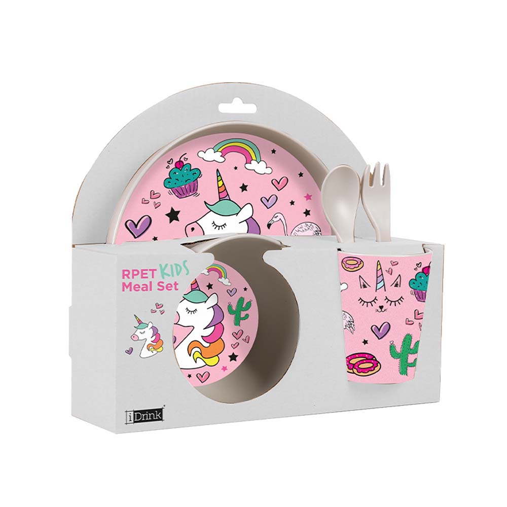 SET IN RPET KIDS CON BICCHIERE,CIOTOLA PIATTINO E POSATE UNICORN