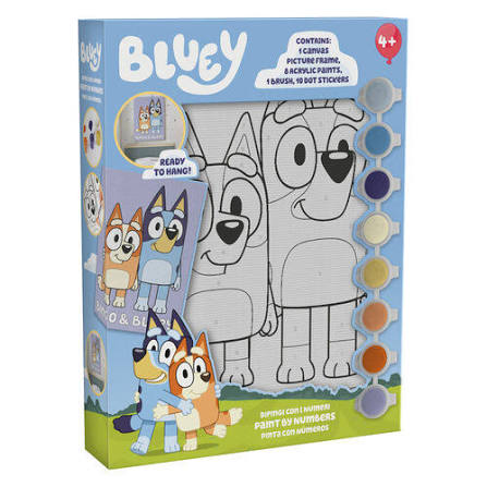 Bluey Kids - Set per pittura su tela con 8 colori ad acquerello, pennello e adesivi