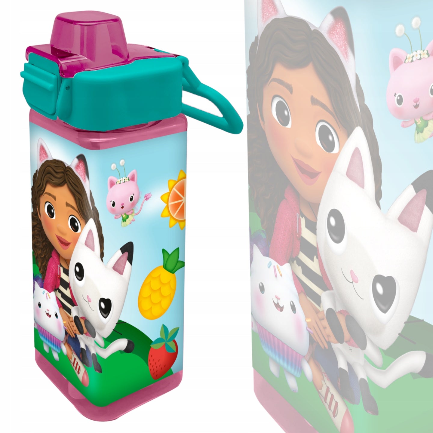 BORRACCIA QUADRATA GABBY'S DOLLHOUSE 500 ML IN PLASTICA CON APERTURA A SCATTO