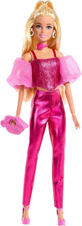 barbie fashionista deluxe metallic bionda con vestito rosa