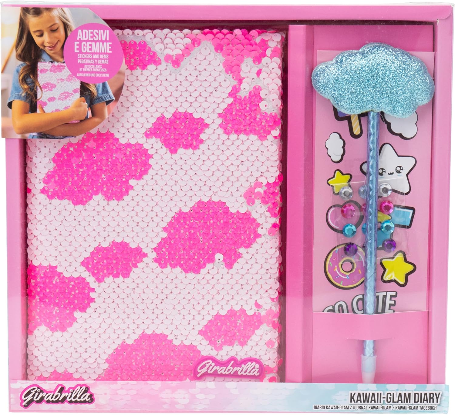 Girabrilla Kawaii Diario Nuvole Paillettes Reversibili, con Gemme, Stickers 1 Penna