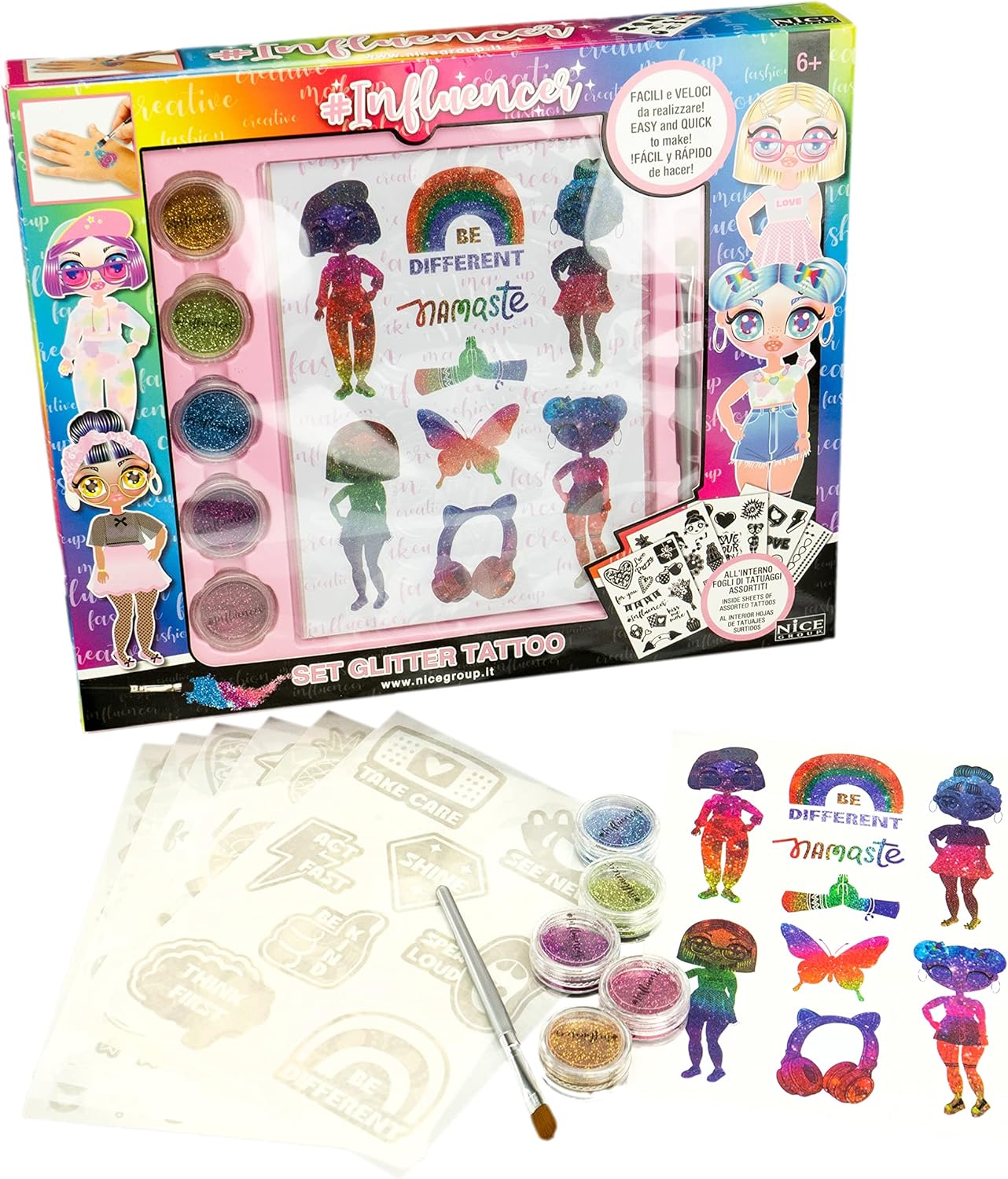 Influencer Set Glitter Tattoo, Kit con Tatuaggi e Polvere Glitterata