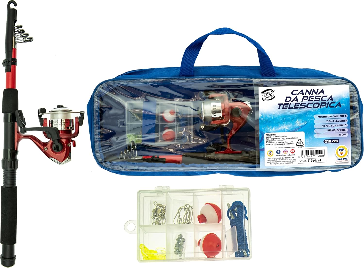 Canna da Pesca Telescopica con Mulinello, Lenza e Accessori, Lunghezza 210cm
